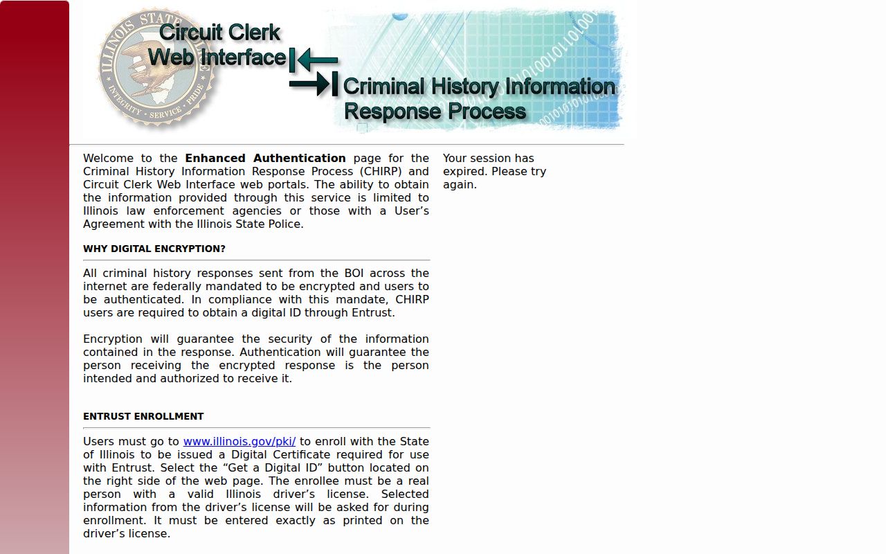 CHIRP authentication screen for Illinois conviction information