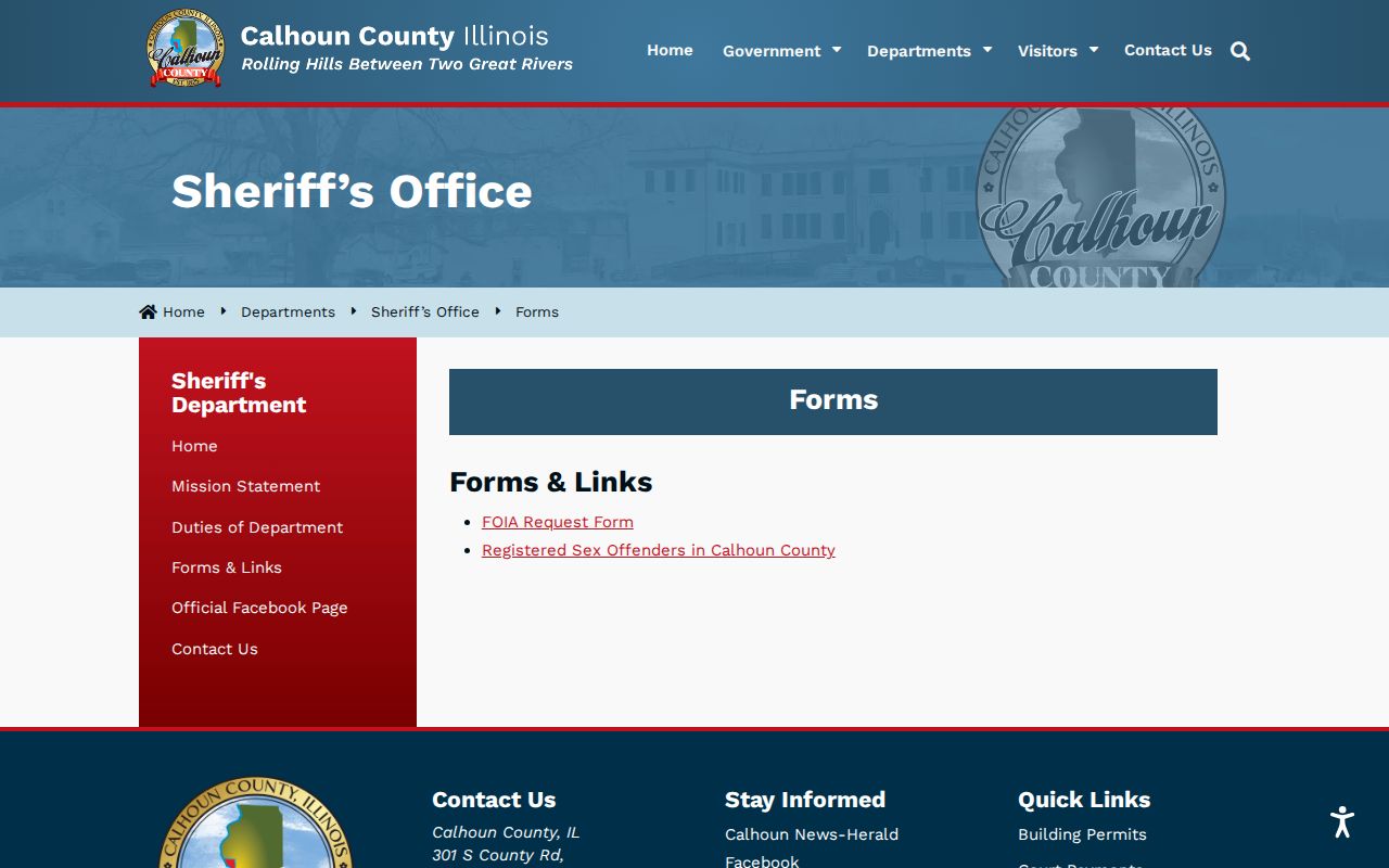 Calhoun County sex offender search link on Sheriff forms page